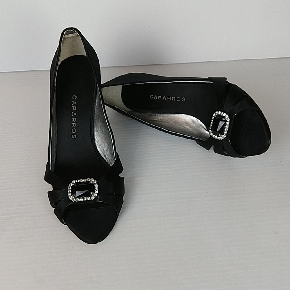 Caparros Black Satin Strappy Open Toe Black Onyx Rhinestone Jeweled Vamp Heel - Picture 2 of 13